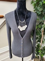 Worthington Women&#39;s Gray Silk Long Sleeve Buttons Front Cardigan Sweater Size M - £18.87 GBP