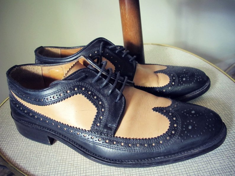 Two Tone Black Beige Contrast Wing Tip Full Brogue Toe Genuine Leather Shoes