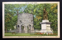 Newport RI Ancient Viking Tower Old Mill &amp; Channing Monument Linen Postcard - £4.71 GBP