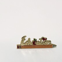 Education Teacher Pencil Lapel Pin Gold Tone Vintage 1.5&quot; Metal Enamel Apple - £10.09 GBP