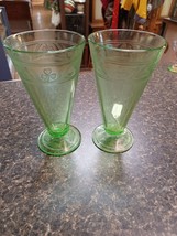 Pair Green Depression Glass  6&quot; Footed Tumbler Hazel Atlas Cloverleaf - £50.67 GBP