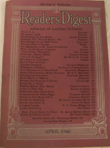 Reader’s Digest, 19th year of Publication, April 1940.Volume 36. number ... - $25.00