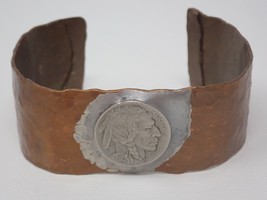 Hammered Copper Bracelet Mounted 1916 Buffalo Nickel Vintage Primitive  - £22.74 GBP