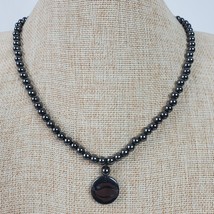 Vintage Casual Career Necklace 19 Inch Gray Beaded w/ Yin Yang Pendant - $16.83