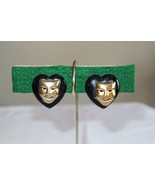 Drama Mask Earrings Gold Tone Black Theater Comedy Tragedy Plastic Heart... - $14.25