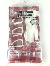 Vtg Gingham Check Picnic Tablecloth Vinyl &amp; Clips 12 Pcs Cutlery Red White NEW - $15.79