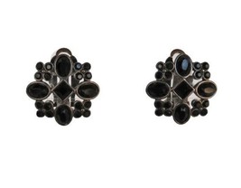 Vintage silver tone black rhinestone geometric button clip on earrings - £11.98 GBP