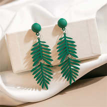 Green Enamel &amp; Silver-Plated Leaves Drop Earrings - £10.44 GBP