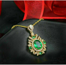3.80Ct Oval Cut Green Emerald Halo Pendant 14K Yellow Gold Finish 18&quot; Free Chain - £113.12 GBP