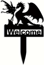 Dragon and Fairy Metal Stake Garden Welcome Black Yard Sign - $13.00