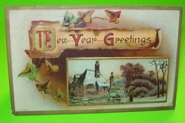New Years Greetings Postcard B 42 Vintage Embossed Original 1912 Snow Cottage - £8.70 GBP