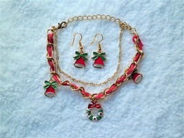 Xmas In July!! 3 Pc Gold Christmas Bracelet &amp; Earrings Set Double Chain Reduced - £7.92 GBP