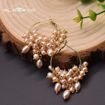Natural Freshwater Pearl Pink Hoop Earrings Gifts For Women Girl Weddings Round  - £31.00 GBP