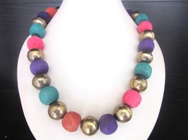 Long Chunky Multicolor Wood &amp; Brass Bead Necklace Bright Vibrant Colors ... - $16.00
