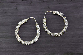 Silver Banjara Earrings, Ornate Indian Tribal Hoops, Gypsy Nomad Creoles - £16.65 GBP