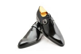 Handmade Black Color Leather Monk Single Buckle Strap Plain Toe Shoes for Men - £102.55 GBP+