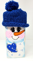 Snowman Wood Carrot Nose Figurine Handmade Painted Blue Knit Hat - £15.14 GBP