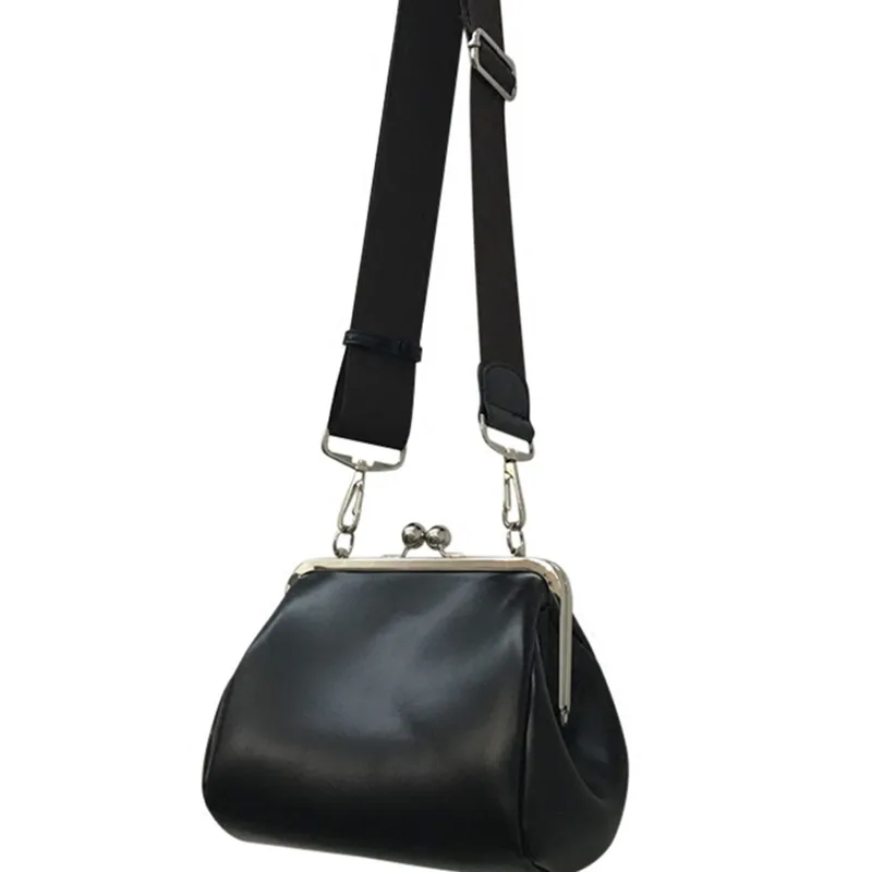 Women Leather Messenger Bag Wide Shoulder Strap Female Retro Kiss Lock Crossbody - £23.10 GBP