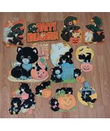 Vtg Halloween Decorations Flocked Fuzzy Black Cats Pumpkins Cardboard Cu... - £46.75 GBP