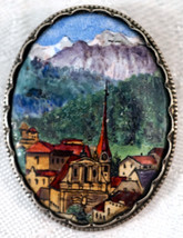 Painted Porcelain Pin Brooch Swiss Village Set in Sterling Silver - £119.74 GBP