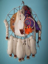 Dream Catcher Diameter 19 x 31 Long Wool, Feather, Fur and male Indian face - $150.00