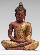 Antico Khmer Stile Legno Seduta Buddha Statua Dhyana Meditazione Mudra - £243.28 GBP