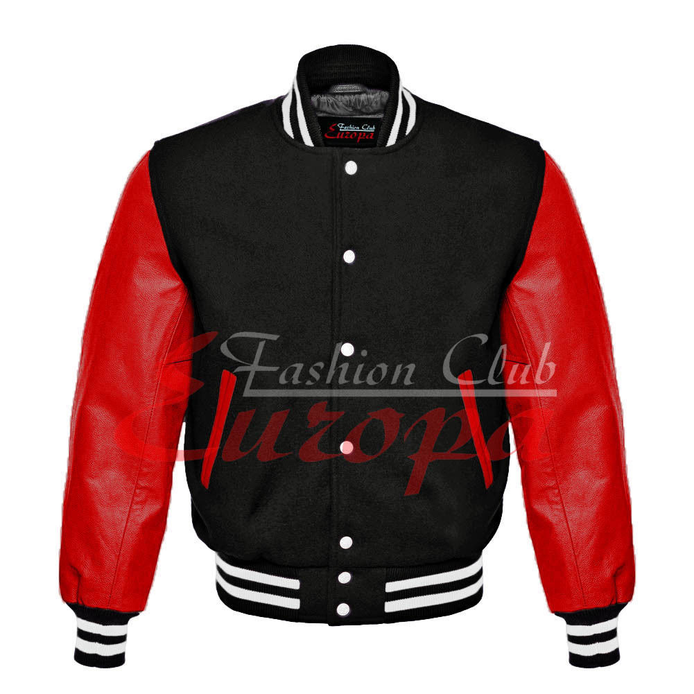 American Unisex Red Real Leather Sleeves Letterman College Wool Varsity Jacket