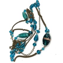 Vintage Blue Glass Bead Necklace Long Multi strand Chains Artisan - £15.55 GBP