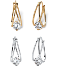 Round Cz Set Of Split Hoop Earrings Silvertone And Gp 14K Gold - £79.92 GBP