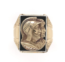 10k Yellow Gold Men's Double Warrior Gold Cameo Ring Black Enamel (#J6181) - £866.54 GBP