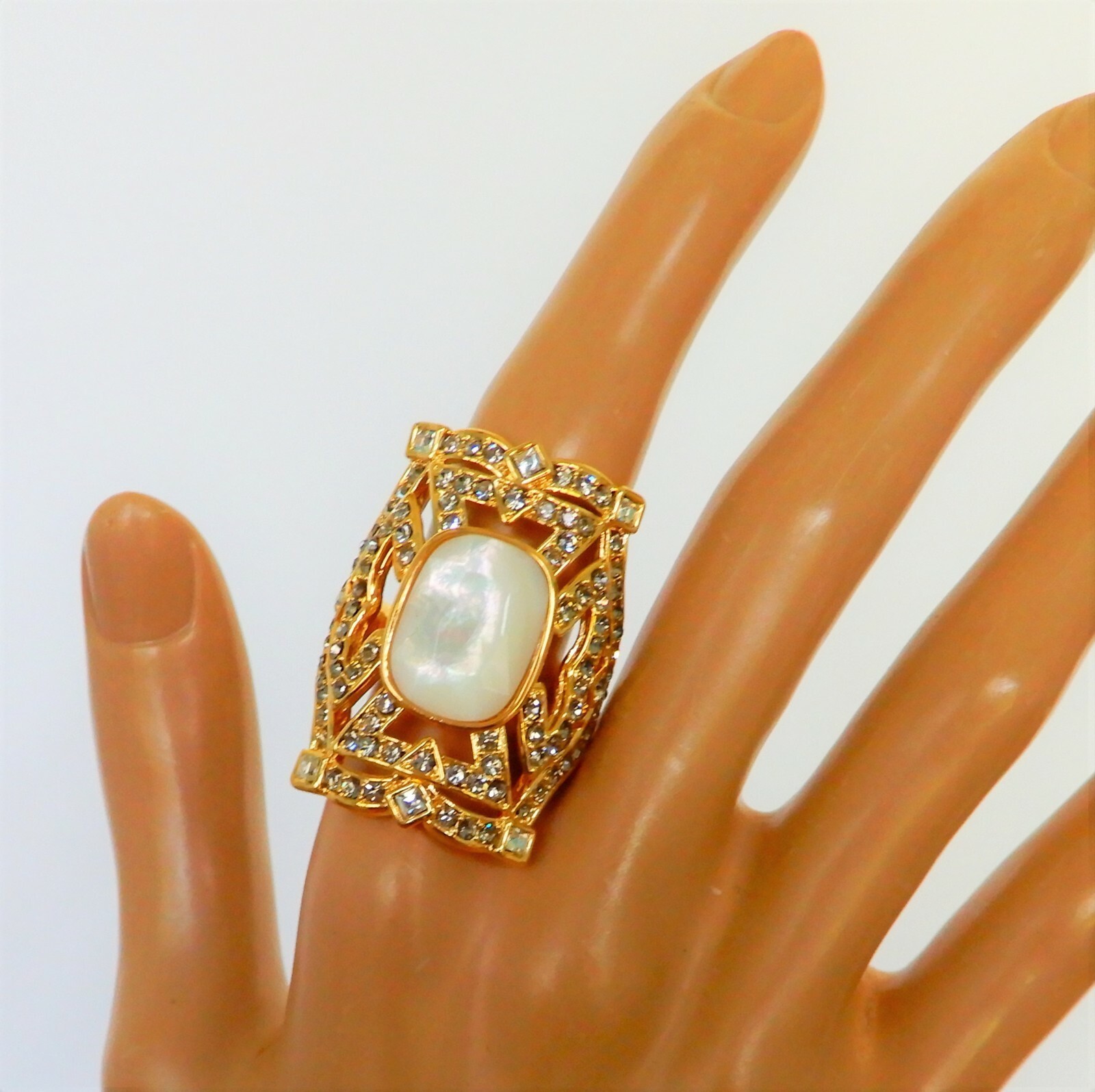 Akkad art deco inspired gold tone &amp; white rhinestone statement cocktail ... - $49.99