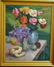 Original Oil on Canvas Painting Still Life &quot;Flowers and Melon&quot; , Signed.  1978 - £230.20 GBP