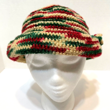 Vintage Handmade Womens Crocheted Christmas Beanie Hat Sparkle Red Green Tan - £17.98 GBP