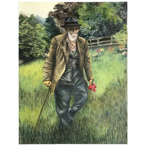 Watercolor Painting Of An Old Man Picking Flowers - £15.98 GBP