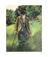 Watercolor Painting Of An Old Man Picking Flowers - £15.93 GBP