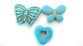 3 Aqua Blue Dyed Magnesite Howlite Focal Bead Pendants Butterflies Heart C52-10 - £7.11 GBP