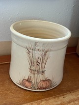 Artist Marked Tan Art Pottery Crock w Painted Shock of Wheat &amp; Two Pumpk... - $19.39