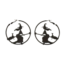 Metal Black Witch Riding Magic Broom Design Round Hoop Dangle Earrings - New - £14.93 GBP