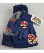 SUPER MARIO BROS Nintendo Boys Blue Knit Winter Beanie Hat &amp; Gloves Set ... - $14.99