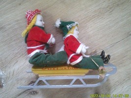 Vtg Blonde German Boy &amp; Girl Dolls on Wood Snow Sled Christmas Deco - £15.82 GBP