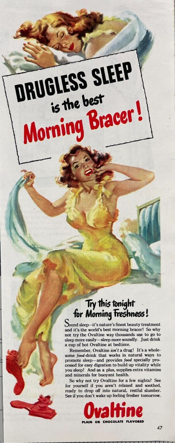 1947 Ovaltine Vintage Print Ad Drugless Sleep Is the Best Morning Bracer - £9.94 GBP