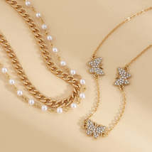 Cubic Zirconia &amp; Pearl 18K Gold-Plated Butterfly Necklace Set - £11.98 GBP