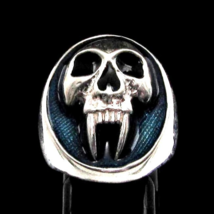 Sterling silver Skull ring Big Fang Vampire Skull with Blue enamel high polished - £119.90 GBP