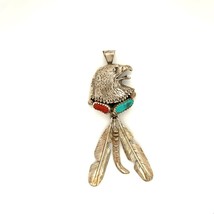 Vintage Signed FJ Navajo Eagle Head Inlay Coral Turquoise Dangle Feather Pendant - £97.08 GBP