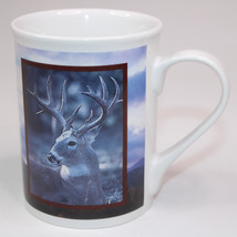 Vintage Buck Photo Coffee Mug Blue And White Mug Medium Size Very Good T... - $8.80