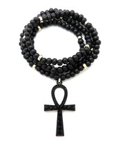 Black Rhinestone Egyptian Ankh Cross Pendant 6mm/30&quot; Wood Chain Necklace RC3884 - £12.86 GBP