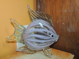 Art Glass Fish 8.5&quot; x 9&quot; clear with lavender &amp; amber figure figurine pap... - $217.90 MXN