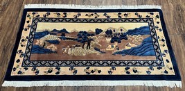Antique Chinese Pictorial Rug 2.7 x 5 Village and Hills Beige Dark Blue Handmade - £577.69 GBP