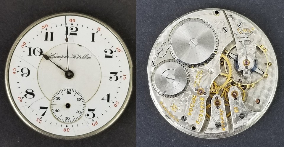 Hampden Watch Co. pocket movement face hands 15j 12s model 5 hunting 191... - $34.99