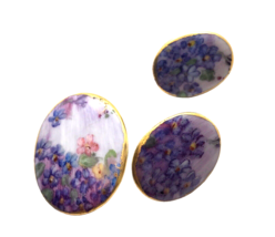 Vtg Hand Painted Purple Flower Floral Porcelain Brooch Pin earring set cottage - £47.47 GBP
